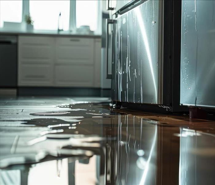 Leaking Refrigerator in Modern Kitchen.